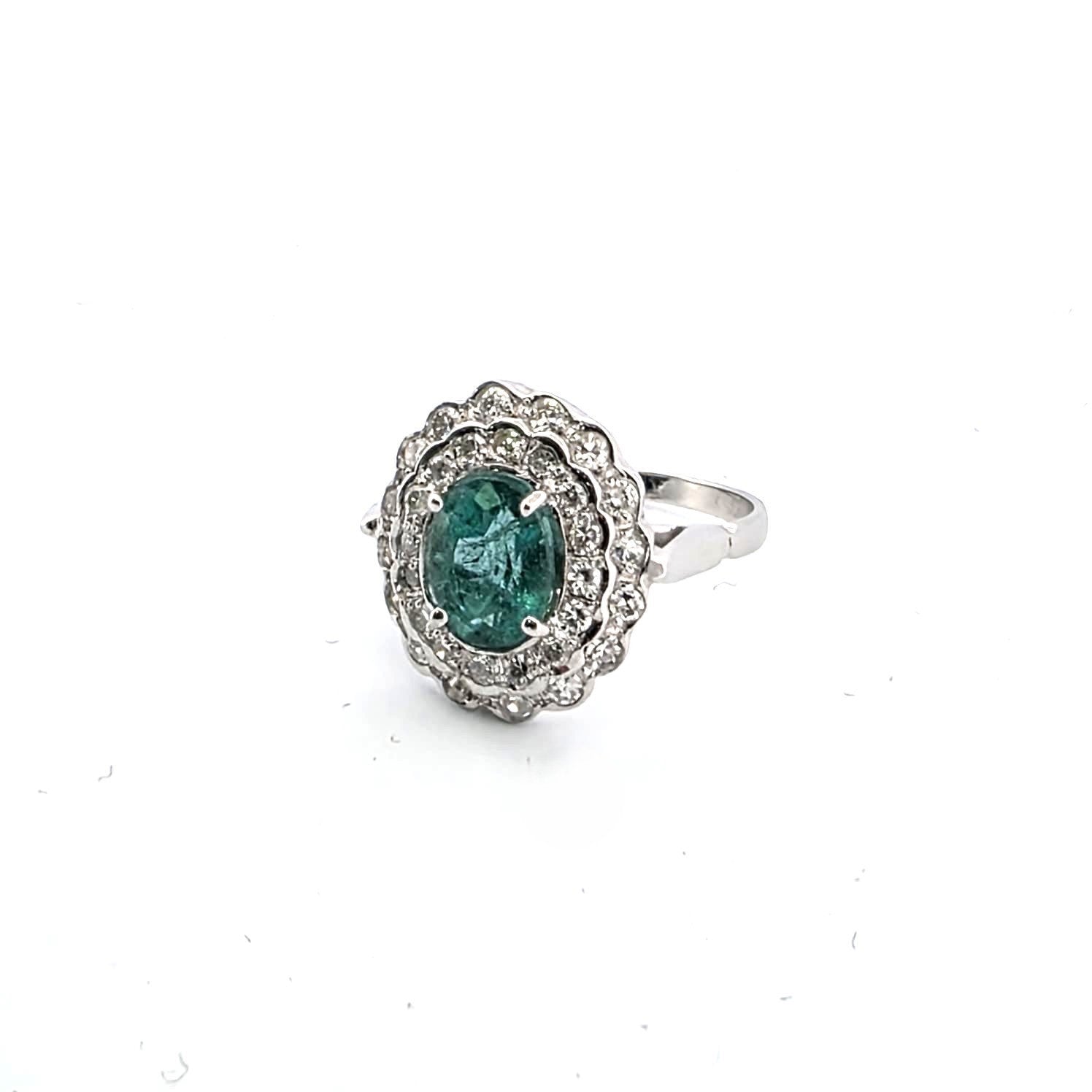 Anello anni 50' in oro bianco 18kt con smeraldo e diamanti