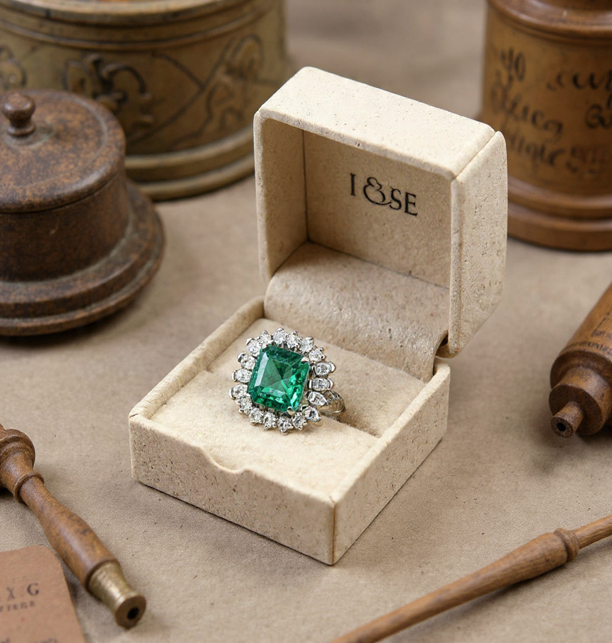 Anello in oro bianco 18kt con smeraldo centrale e diamanto a contorno