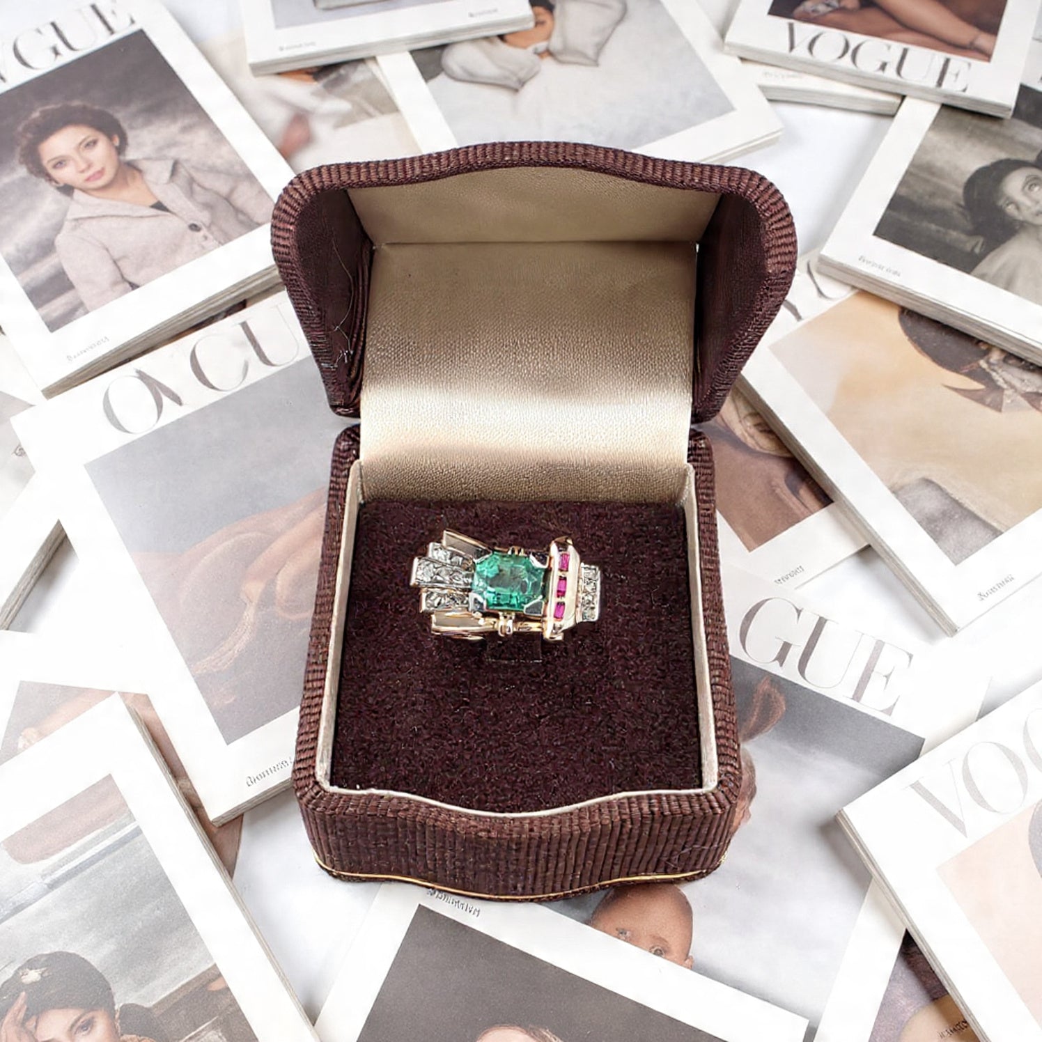 Anello anni 90' in oro giallo 18kt con smeraldo diamanti e rubini