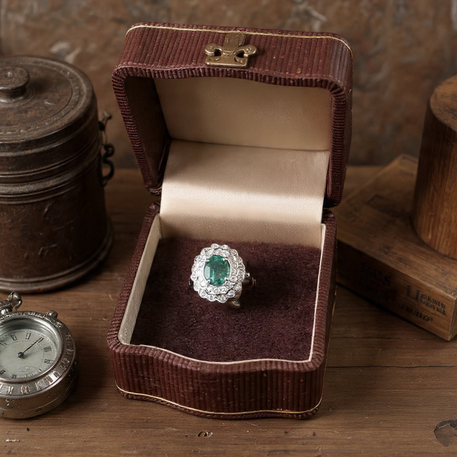 Anello anni 50' in oro bianco 18kt con smeraldo e diamanti