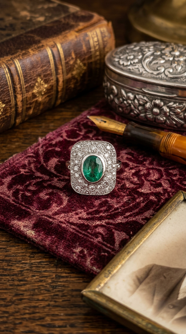 Anello in oro bianco 18Kt con smeraldo centrale e diamanti