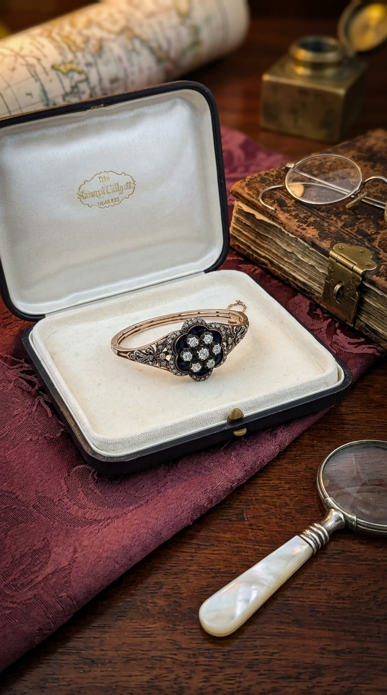 Bracciale vittoriano in oro basso e argento con diamanti e smalto blu