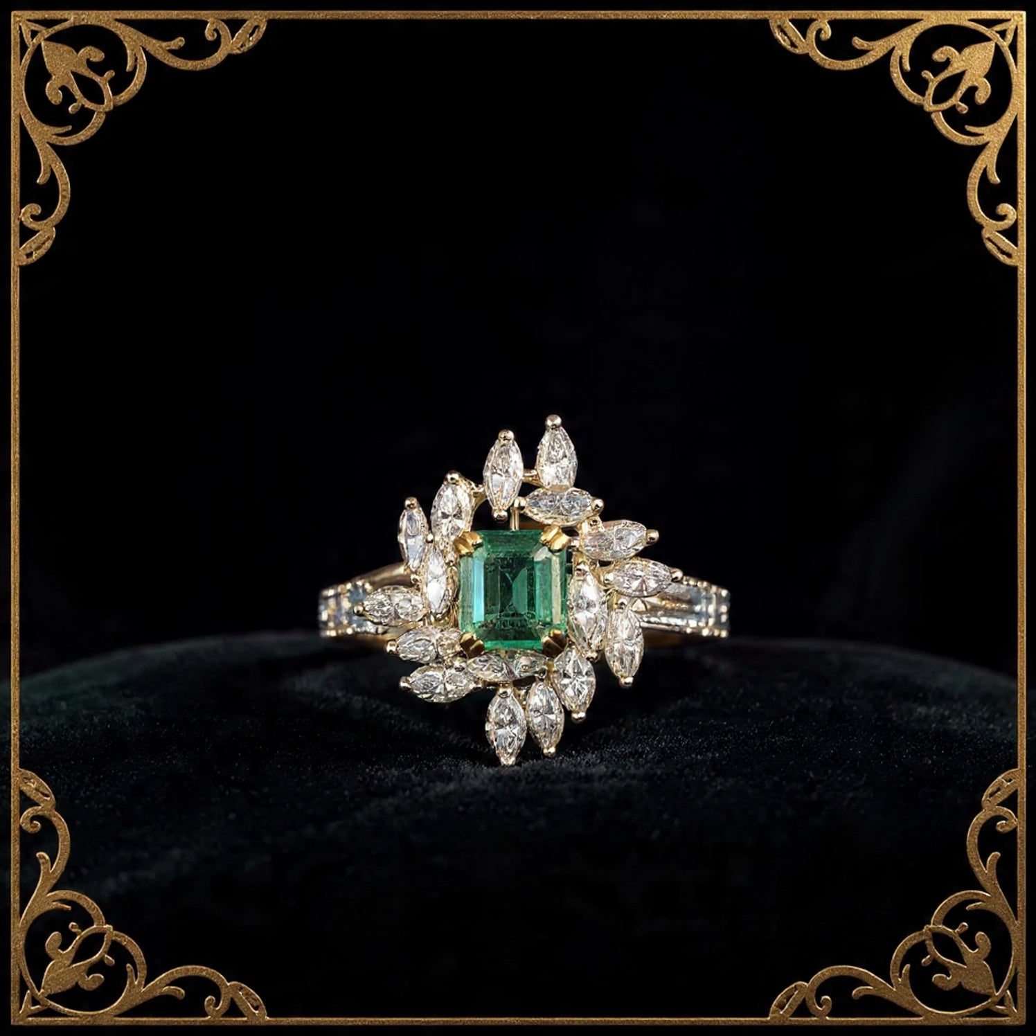 Anello in oro bianco con smeraldo centrale e diamanti