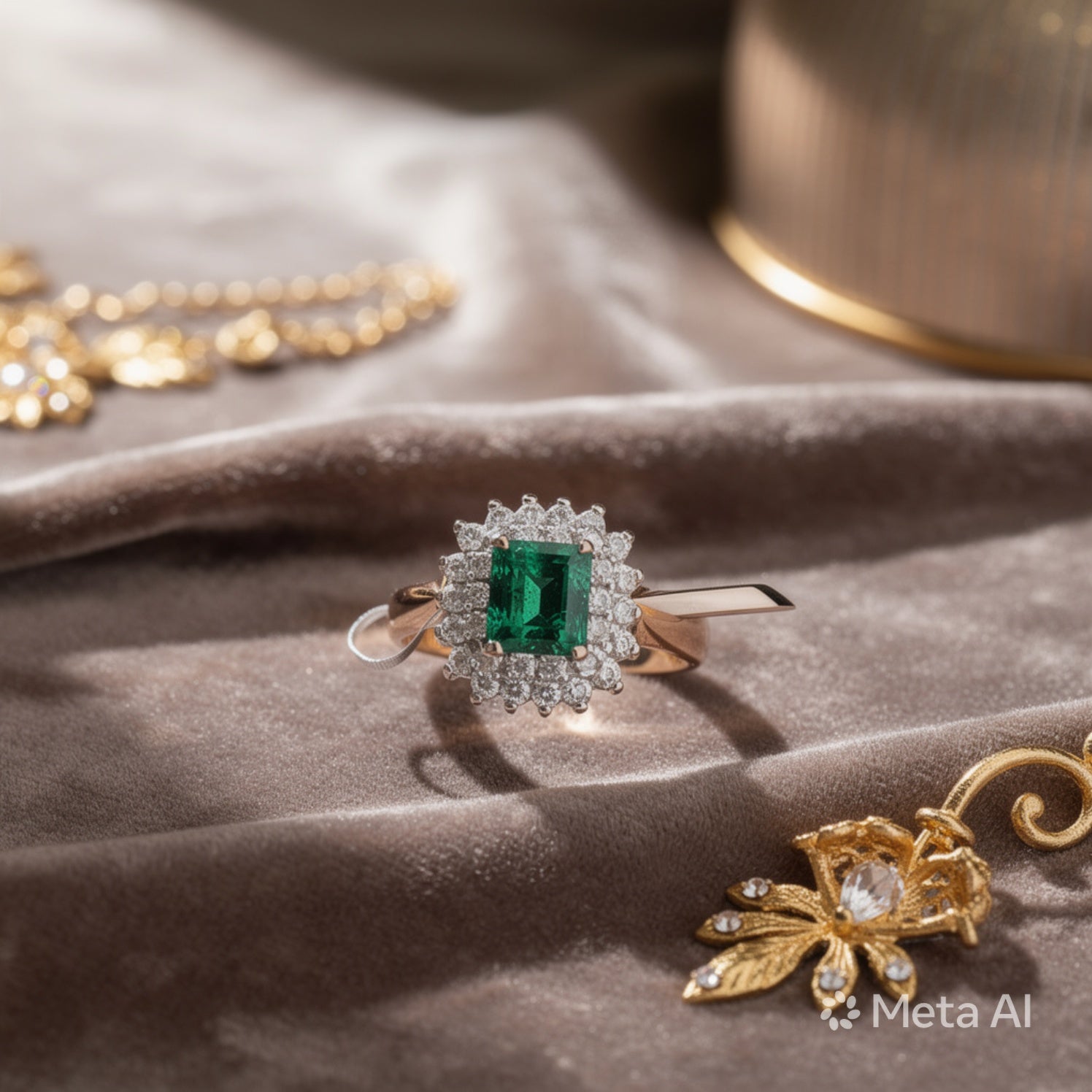 Anello in oro bianco 18kt con smeraldo centrale e diamanti a contorno
