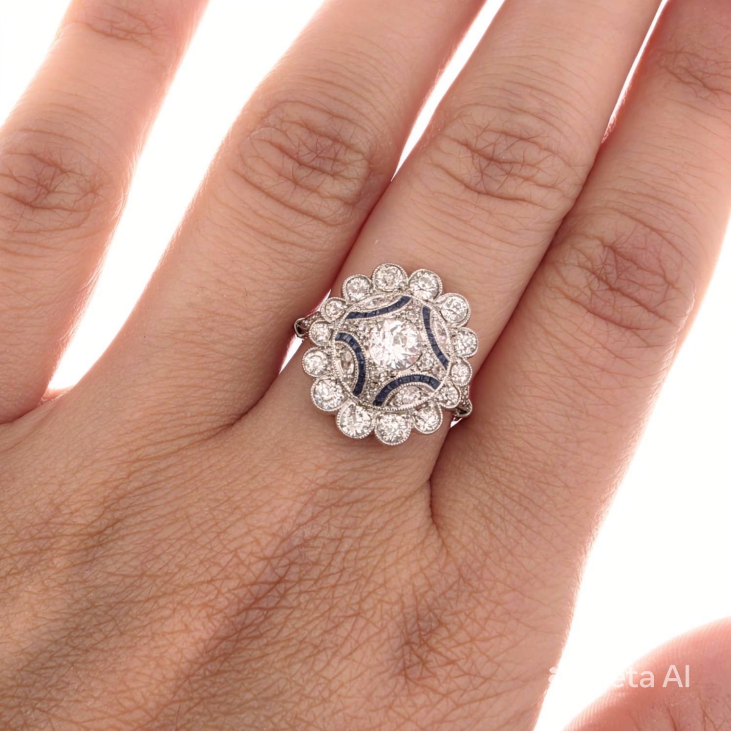 Anello Epoca Art Decò in platino con diamanti e zaffiri