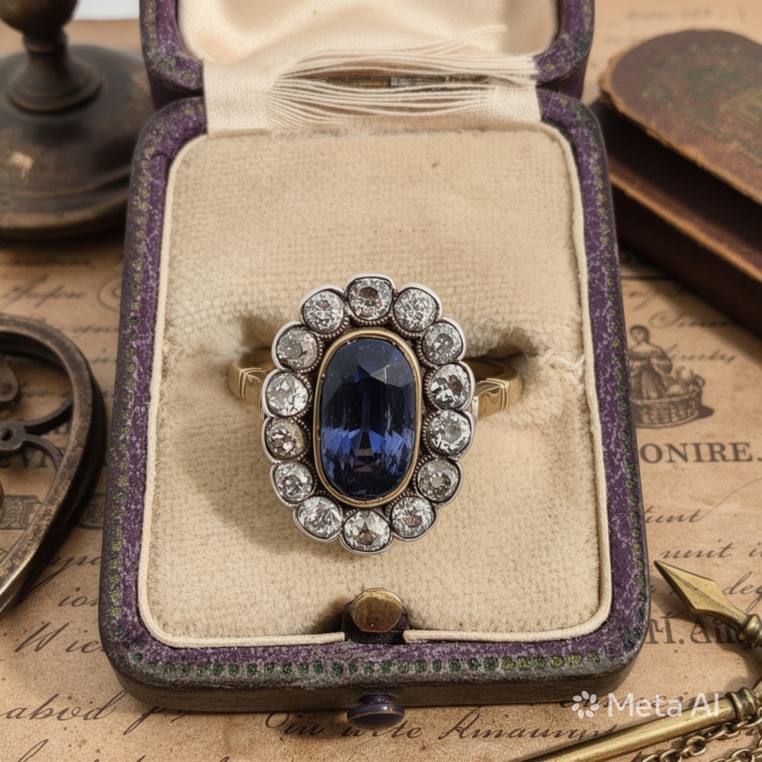 Anello epoca edoardiana in oro 18kt e argento con zaffiro e diamanti