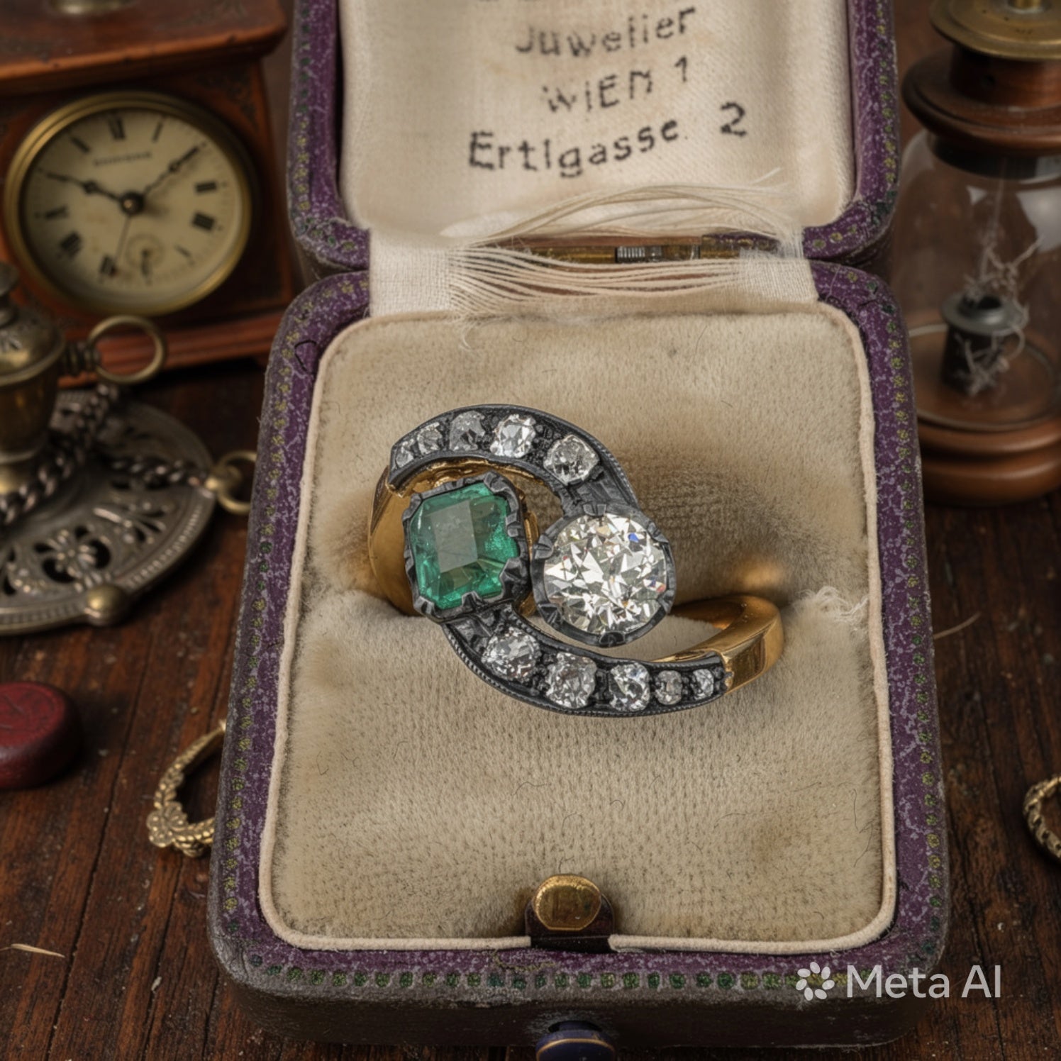 Anello in oro 18kt e argento con smeraldo e diamanti