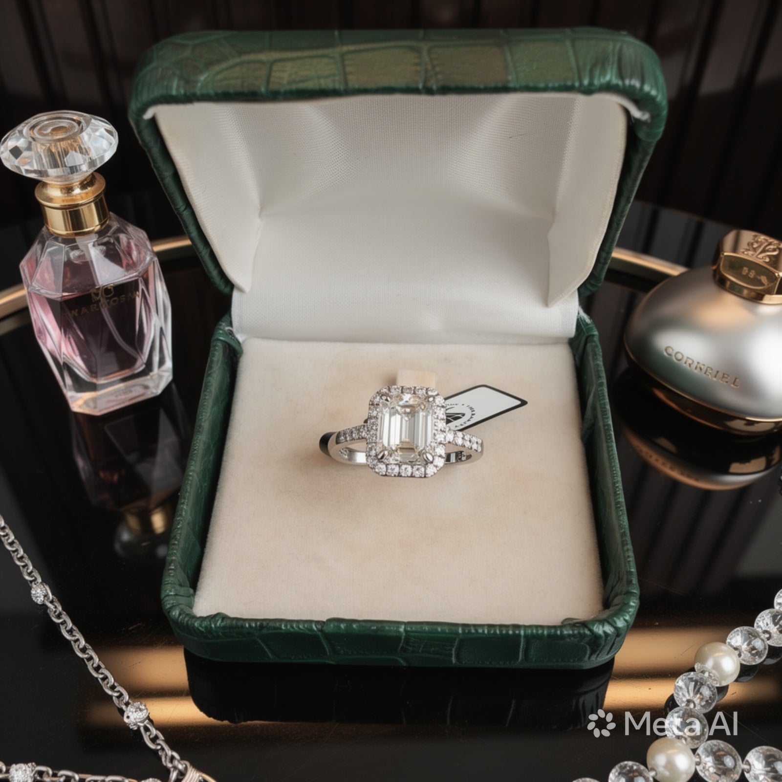 Anello in oro bianco 18kt con diamante smeraldo al centro e diamanti a contorno e sul gambo