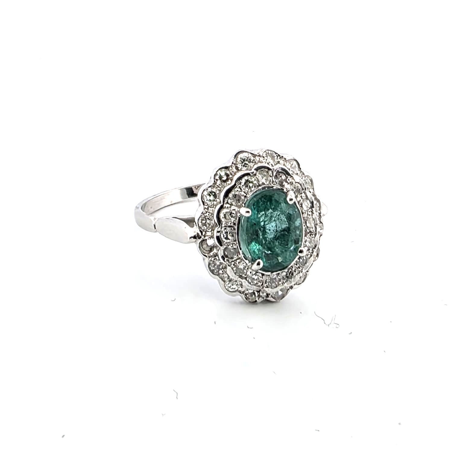 Anello anni 50' in oro bianco 18kt con smeraldo e diamanti