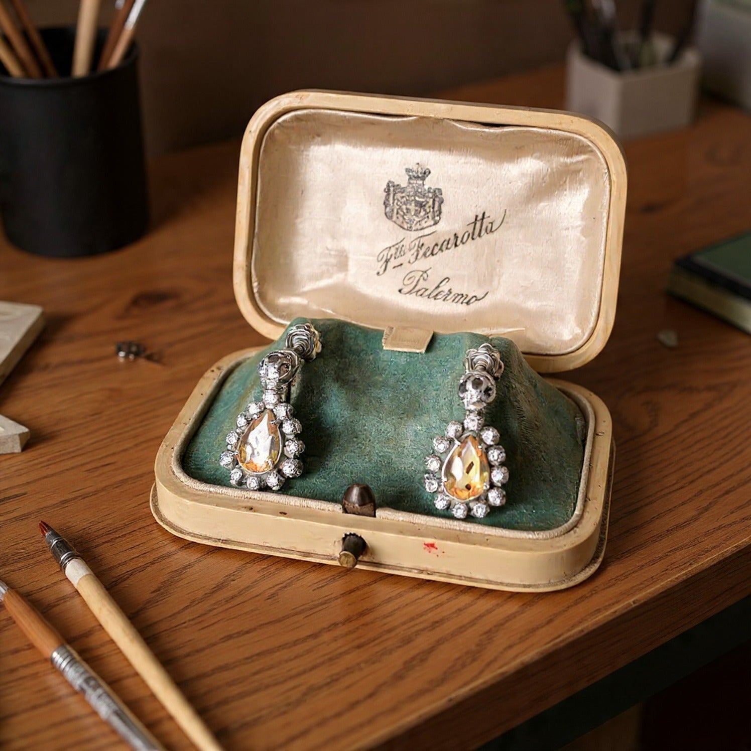 Orecchini anni 40/50' in oro bianco 18kt con citrini goccia e diamanti