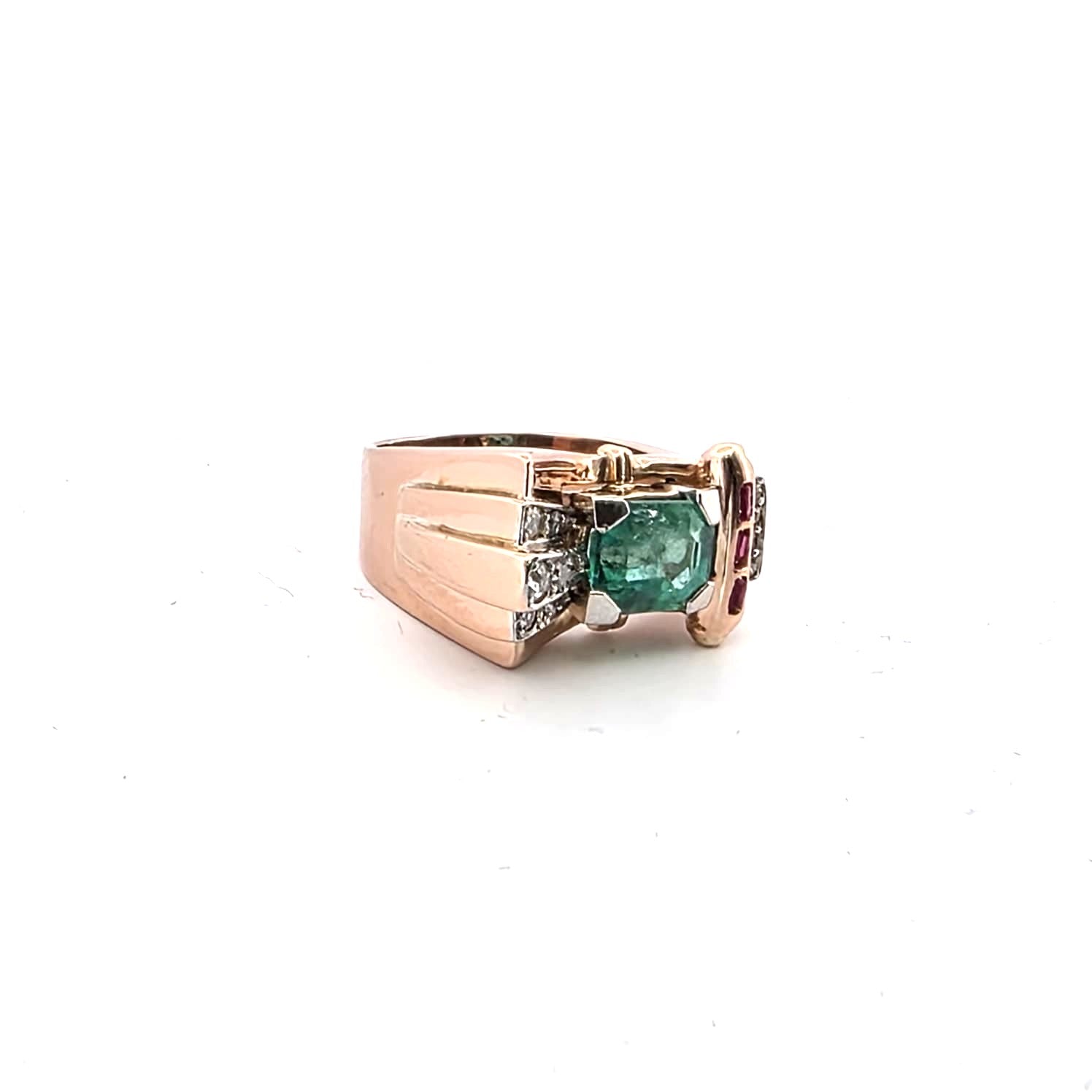 Anello anni 90' in oro giallo 18kt con smeraldo diamanti e rubini