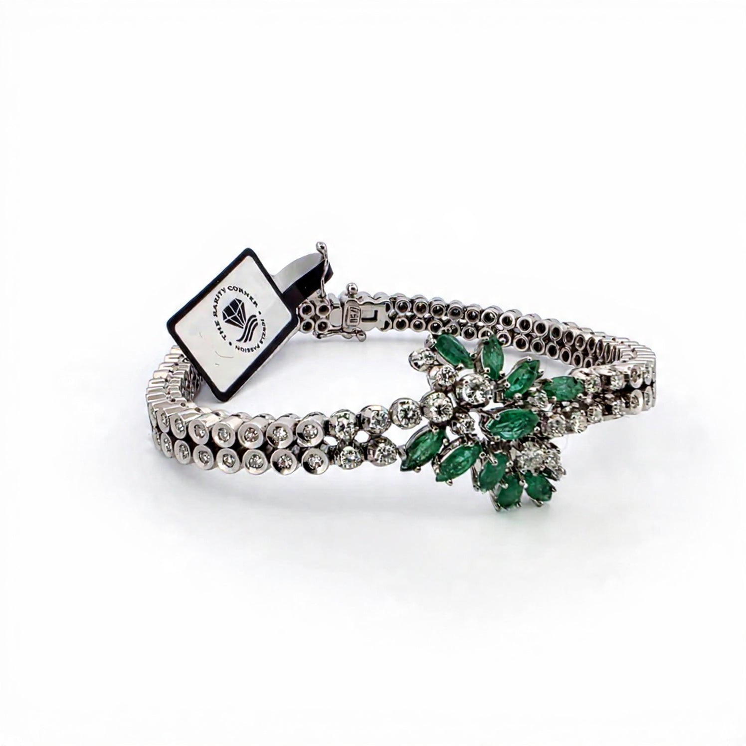 Bracciale vintage in oro bianco 18kt con smeraldi e diamanti