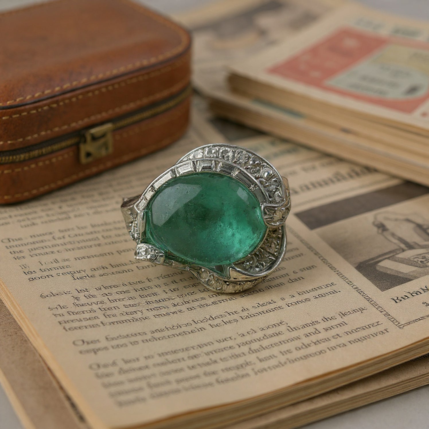 Anello in oro bianco 18kt con grande smeraldo e diamanti