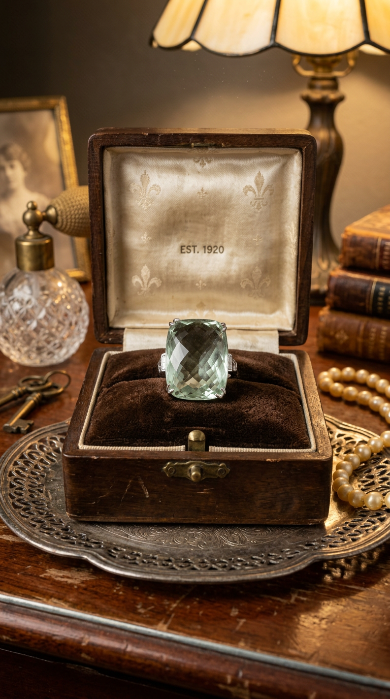 Anello in oro bianco 18kt con importante acquamarina verde