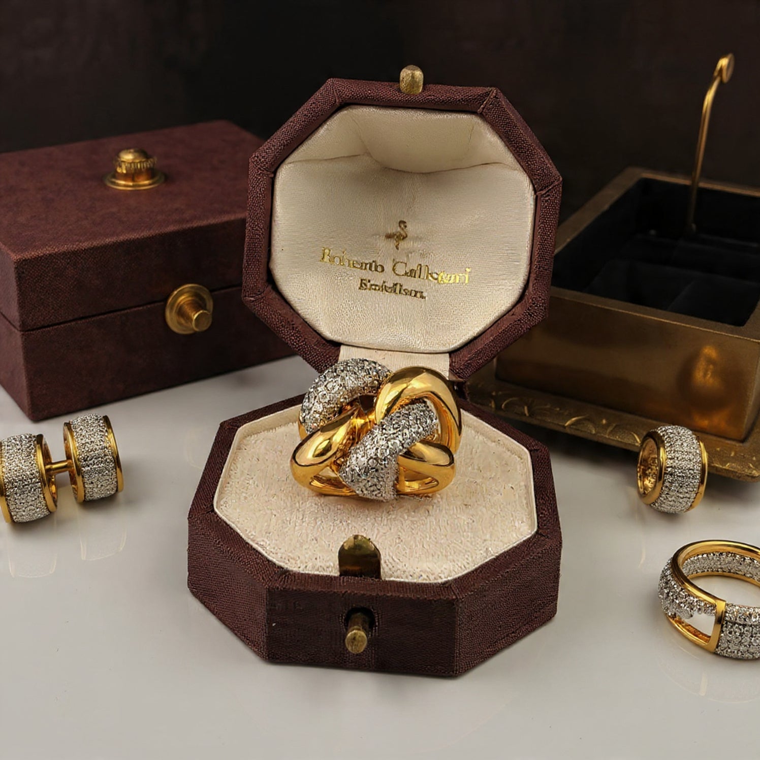 Anello a maglia morbida in oro bianco e giallo 18kt