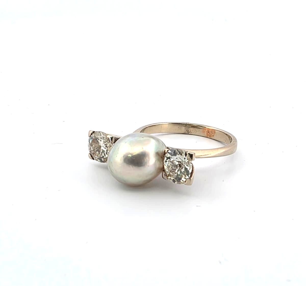 Anello vintage in oro bianco 18kt con perla e Diamanti