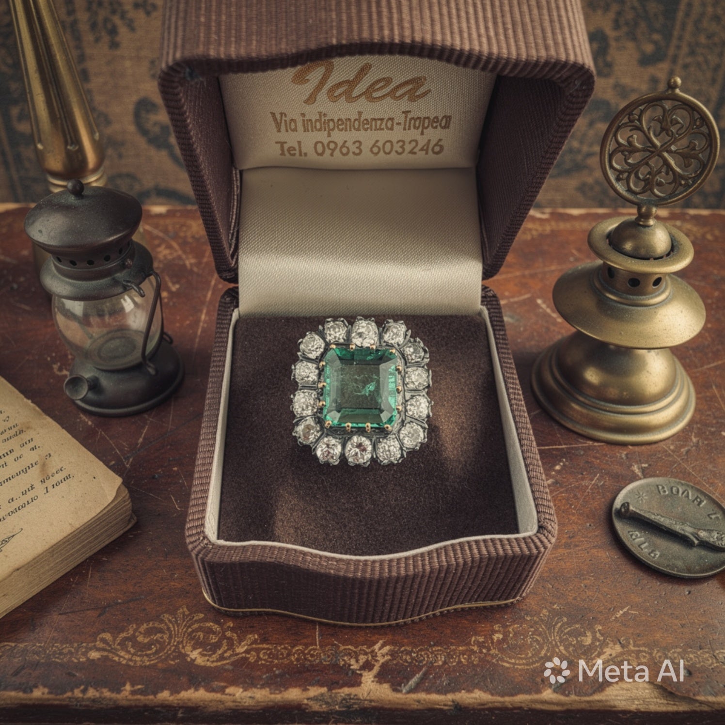 Anello in oro giallo con diamanti e smeraldo