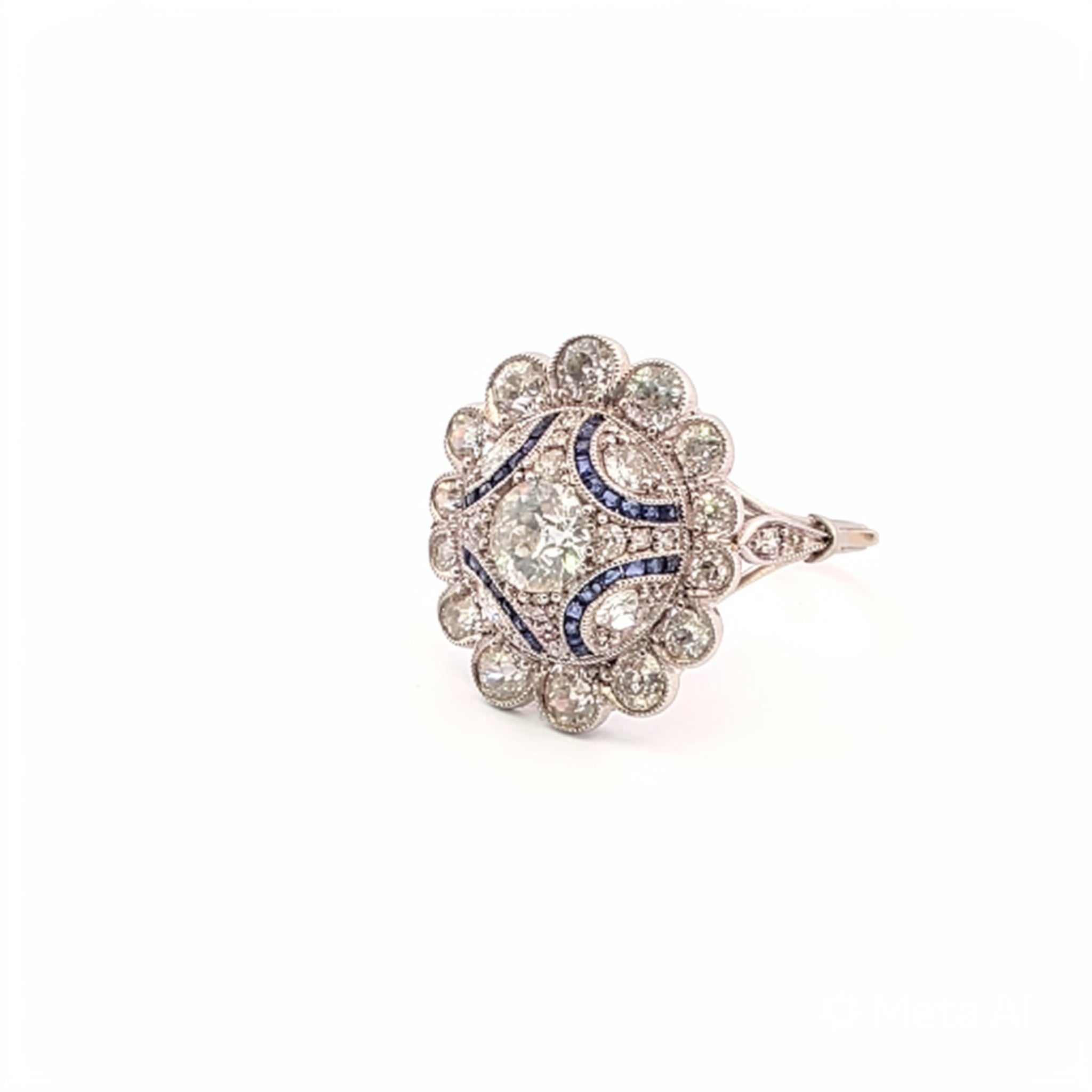 Anello Epoca Art Decò in platino con diamanti e zaffiri