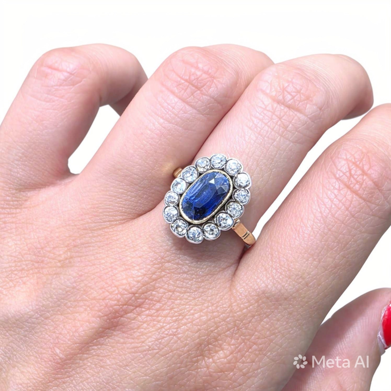 Anello epoca edoardiana in oro 18kt e argento con zaffiro e diamanti