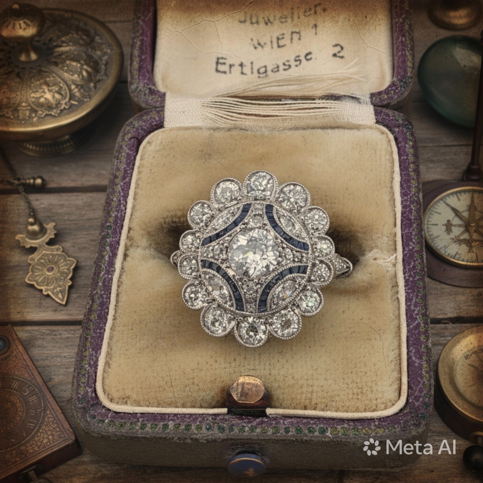 Anello Epoca Art Decò in platino con diamanti e zaffiri